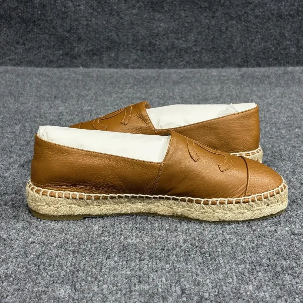Chanel Shoes Womens 37 Brown Calfskin Espadrille Flats Slip On CC Logo Caramel